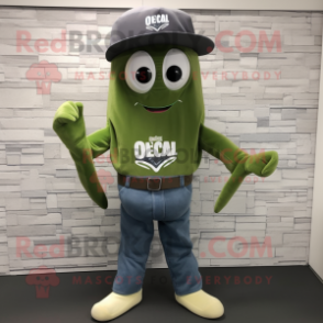 Olive Squid mascot costume character dressed with a Bootcut Jeans and Bracelet watches