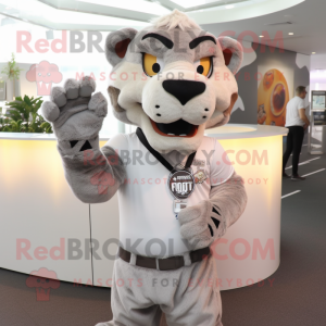 Gray Saber-Toothed Tiger mascot costume character dressed with a Poplin Shirt and Earrings