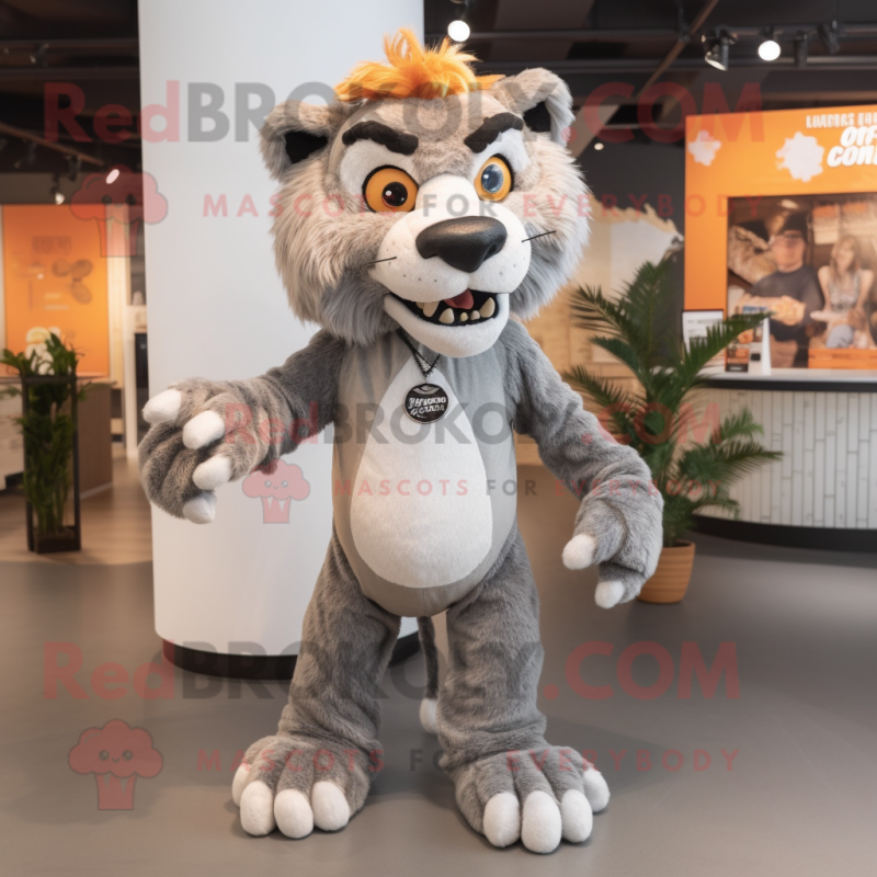 Gray Saber-Toothed Tiger mascot costume character dressed with a Poplin Shirt and Earrings