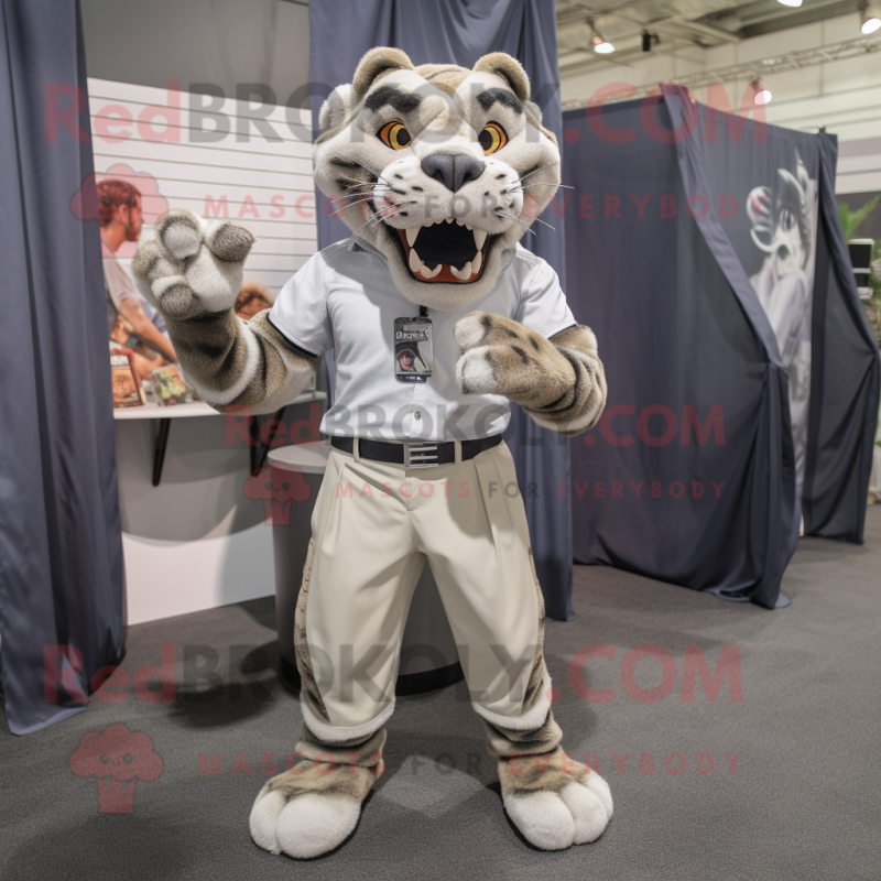 Gray Saber-Toothed Tiger mascot costume character dressed with a Poplin Shirt and Earrings