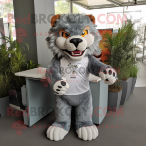 Gray Saber-Toothed Tiger mascot costume character dressed with a Poplin Shirt and Earrings