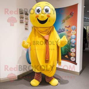 Yellow Plum mascot costume character dressed with a Henley Shirt and Scarf clips