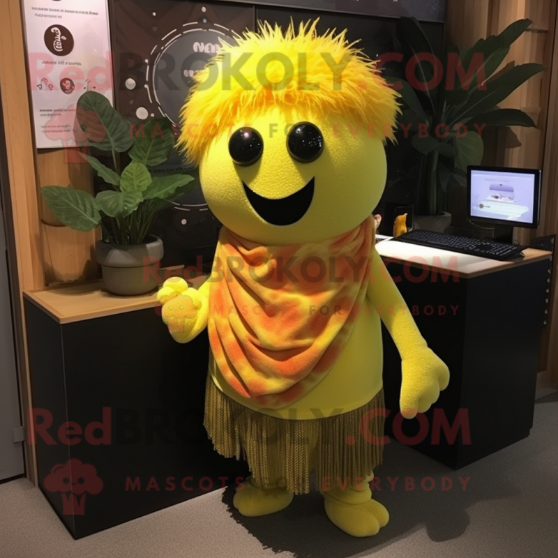 Yellow Plum mascot costume character dressed with a Henley Shirt and Scarf clips Yellow Plum mascot costume character dressed with a Henley Shirt and Scarf clips