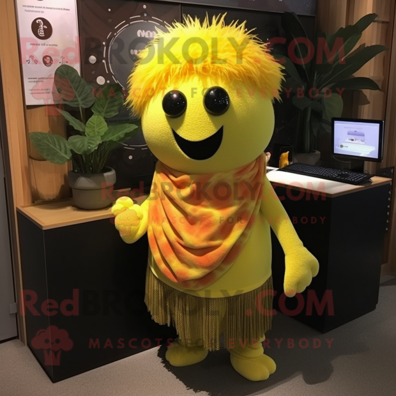 Yellow Plum mascot costume character dressed with a Henley Shirt and Scarf clips