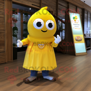 Yellow Plum mascot costume character dressed with a Henley Shirt and Scarf clips
