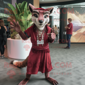 Maroon Thylacosmilus mascot costume character dressed with a Mini Dress and Rings