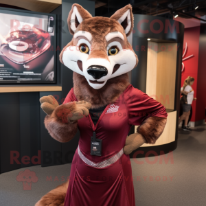 Maroon Thylacosmilus mascot costume character dressed with a Mini Dress and Rings