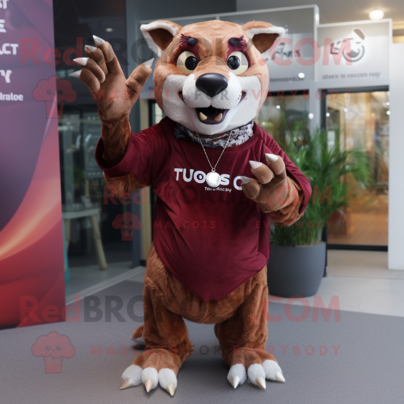 Maroon Thylacosmilus mascot costume character dressed with a Mini Dress and Rings Maroon Thylacosmilus mascot costume character dressed with a Mini Dress and Rings