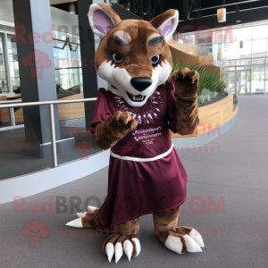 Maroon Thylacosmilus mascot costume character dressed with a Mini Dress and Rings