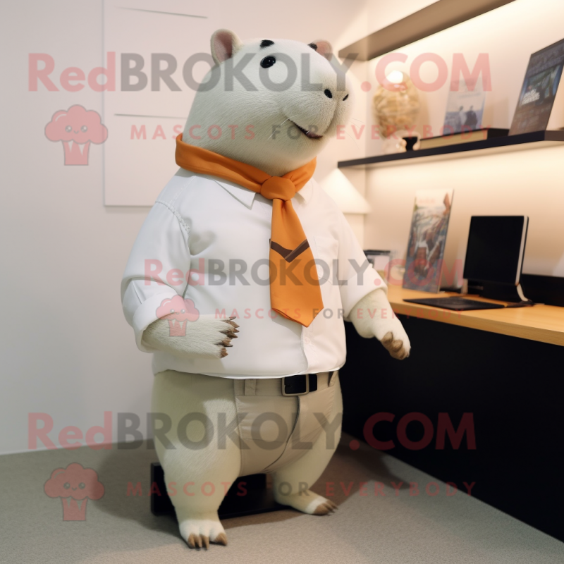 White Capybara mascot costume character dressed with a Blouse and Ties