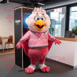 Pink Fried Chicken mascot costume character dressed with a Rugby Shirt and Shawl pins