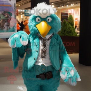 Turquoise Eagle mascot costume character dressed with a Coat and Suspenders