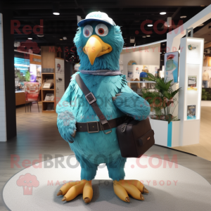 Turquoise Eagle mascot costume character dressed with a Coat and Suspenders