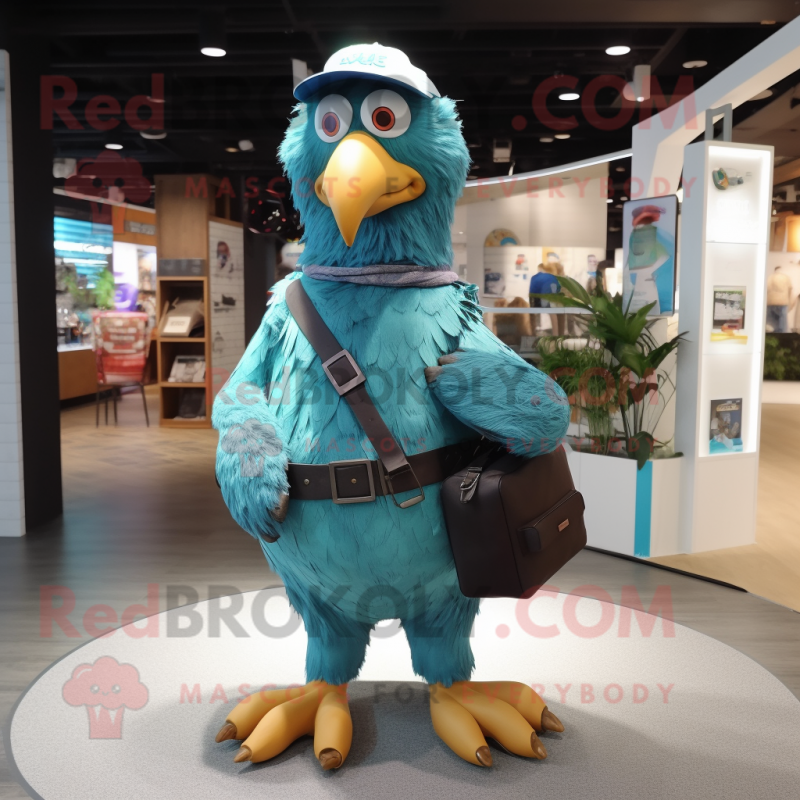 Turquoise Eagle mascot costume character dressed with a Coat and Suspenders Turquoise Eagle mascot costume character dressed with a Coat and Suspenders