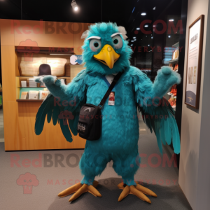 Turquoise Eagle mascot costume character dressed with a Coat and Suspenders