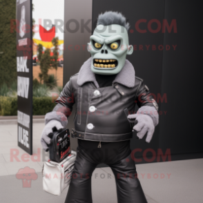 Gray Frankenstein mascot costume character dressed with a Moto Jacket and Clutch bags