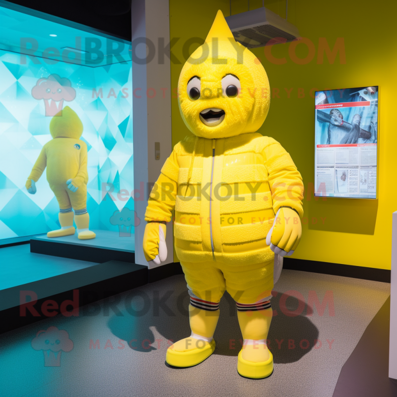 Yellow Ice mascot costume character dressed with a Swimwear and Wraps Yellow Ice mascot costume character dressed with a Swimwear and Wraps