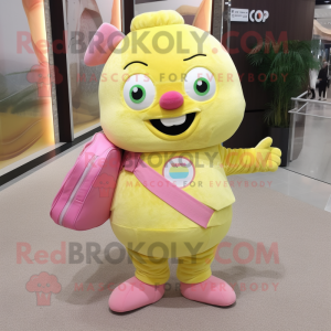 Lemon Yellow Pink mascot costume character dressed with a Corduroy Pants and Messenger bags