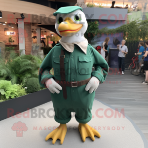 Forest Green Seagull mascot costume character dressed with a Overalls and Belts