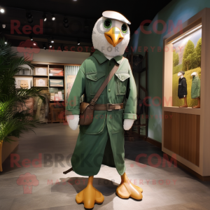 Forest Green Seagull mascot costume character dressed with a Overalls and Belts