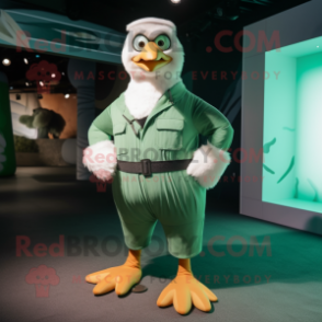 Forest Green Seagull mascot costume character dressed with a Overalls and Belts