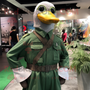 Forest Green Seagull mascot costume character dressed with a Overalls and Belts