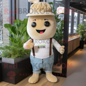 Beige Radish mascot costume character dressed with a Jeans and Suspenders