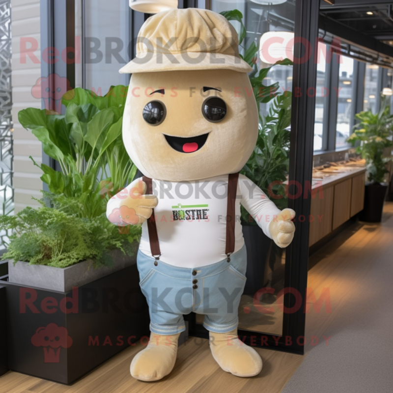 Beige Radish mascot costume character dressed with a Jeans and Suspenders Beige Radish mascot costume character dressed with a Jeans and Suspenders