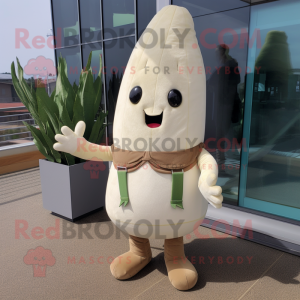 Beige Radish mascot costume character dressed with a Jeans and Suspenders