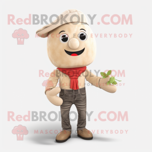 Beige Radish mascot costume character dressed with a Jeans and Suspenders