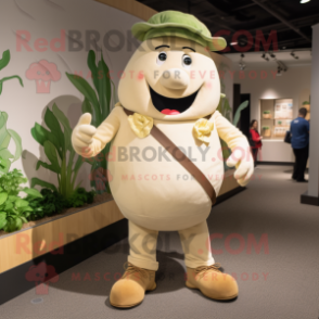 Beige Radish mascot costume character dressed with a Jeans and Suspenders