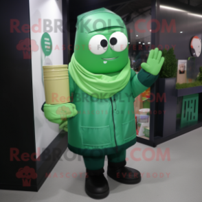 Green Scented Candle mascot costume character dressed with a Windbreaker and Messenger bags