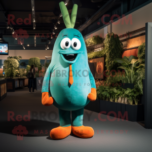 Teal Carrot mascot costume character dressed with a Bootcut Jeans and Suspenders