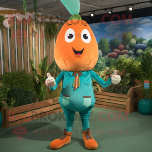 Teal Carrot mascot costume character dressed with a Bootcut Jeans and Suspenders