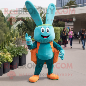 Teal Carrot mascot costume character dressed with a Bootcut Jeans and Suspenders