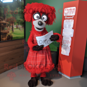 Red Shepard'S Pie mascot costume character dressed with a Shift Dress and Reading glasses
