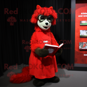Red Shepard'S Pie mascot costume character dressed with a Shift Dress and Reading glasses