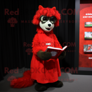 Red Shepard'S Pie mascot costume character dressed with a Shift Dress and Reading glasses