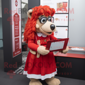 Red Shepard'S Pie mascot costume character dressed with a Shift Dress and Reading glasses