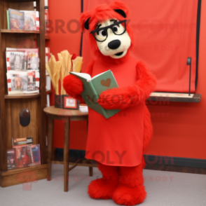 Red Shepard'S Pie mascot costume character dressed with a Shift Dress and Reading glasses