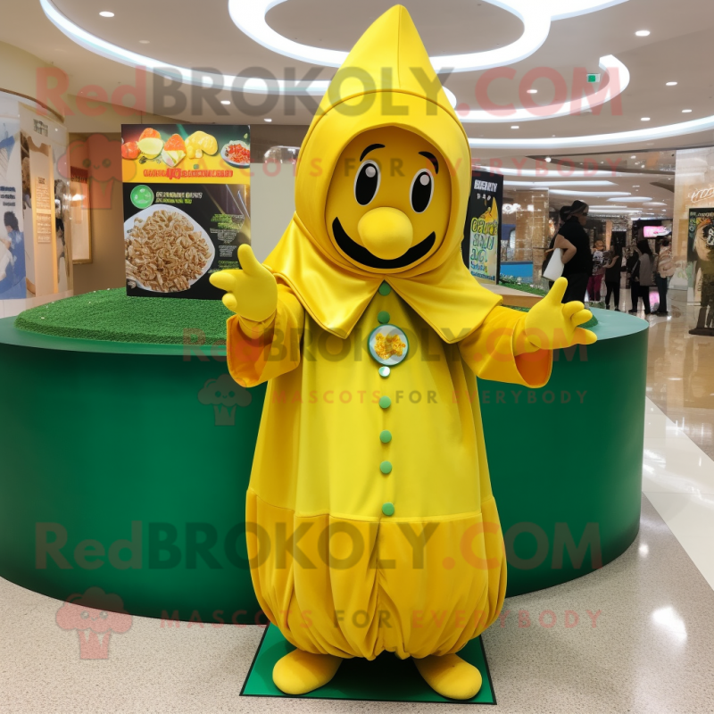 Lemon Yellow Pot Of Gold mascot costume character dressed with a Cover-up and Berets Lemon Yellow Pot Of Gold mascot costume character dressed with a Cover-up and Berets