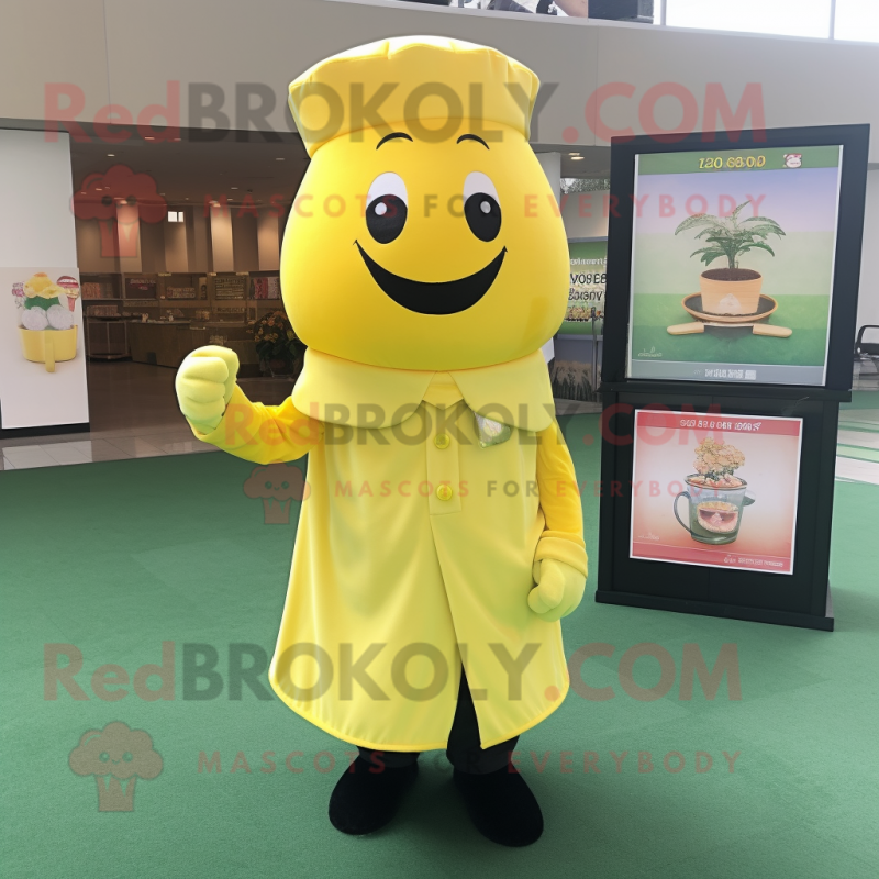 Lemon Yellow Pot Of Gold mascot costume character dressed with a Cover-up and Berets Lemon Yellow Pot Of Gold mascot costume character dressed with a Cover-up and Berets