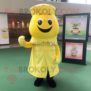 Lemon Yellow Pot Of Gold mascot costume character dressed with a Cover-up and Berets