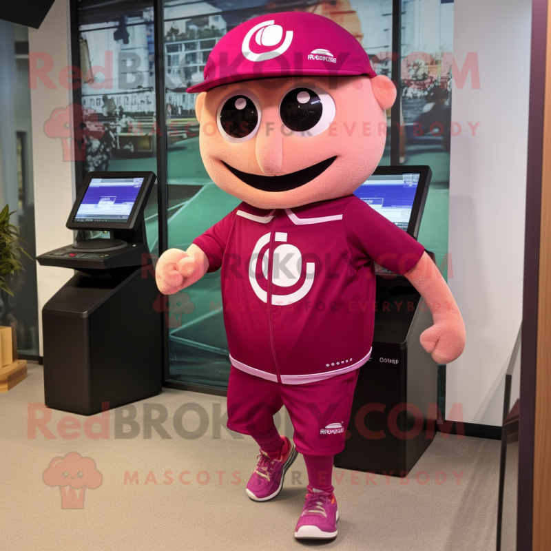 Magenta Gyro mascot costume character dressed with a Running Shorts and Caps Magenta Gyro mascot costume character dressed with a Running Shorts and Caps