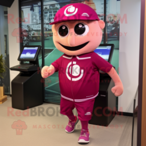 Magenta Gyro mascot costume character dressed with a Running Shorts and Caps