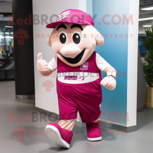 Magenta Gyro mascot costume character dressed with a Running Shorts and Caps