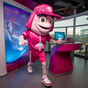 Magenta Gyro mascot costume character dressed with a Running Shorts and Caps