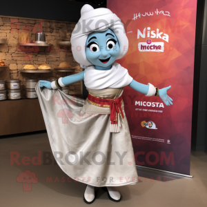 Silver Tikka Masala mascot costume character dressed with a Wrap Skirt and Wallets