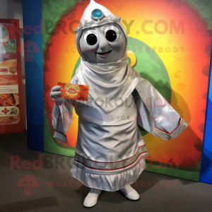 Silver Tikka Masala mascot costume character dressed with a Wrap Skirt and Wallets