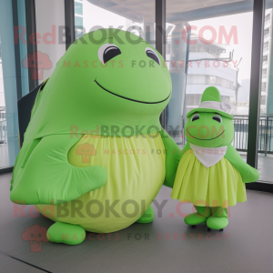 Lime Green Whale mascot costume character dressed with a Pleated Skirt and Messenger bags
